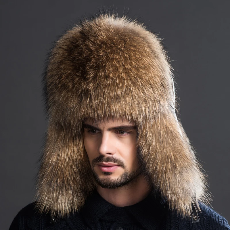 Winter Men's 100% Real Silver Fox Fur Aviator Bomber Hat Raccoon Fur Ushanka Cap Trapper Russian Man Ski Hats Caps Real Leather