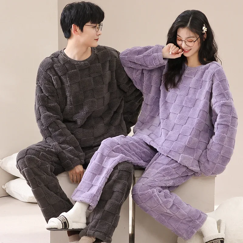 Plaid Winter Warm Fleece Nightwear for Lovers Women and Men Matching Sleepwear Korean Fashion Loungewear Hombre Pijamas Mujer