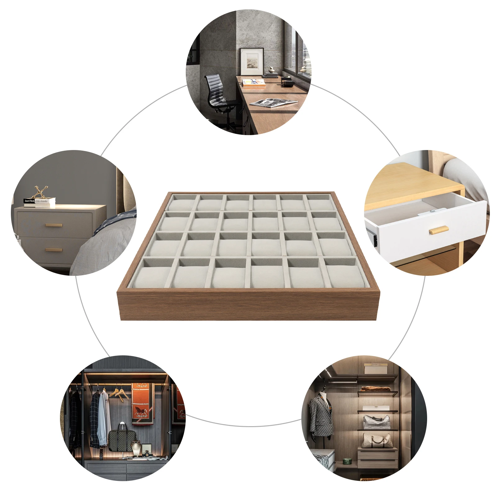 Tablero de densidad de nogal gris, 40x33x4,5 cm, 24 cajas de reloj, soporte de exhibición semiabierto, caja de almacenamiento de almohada de reloj desmontable