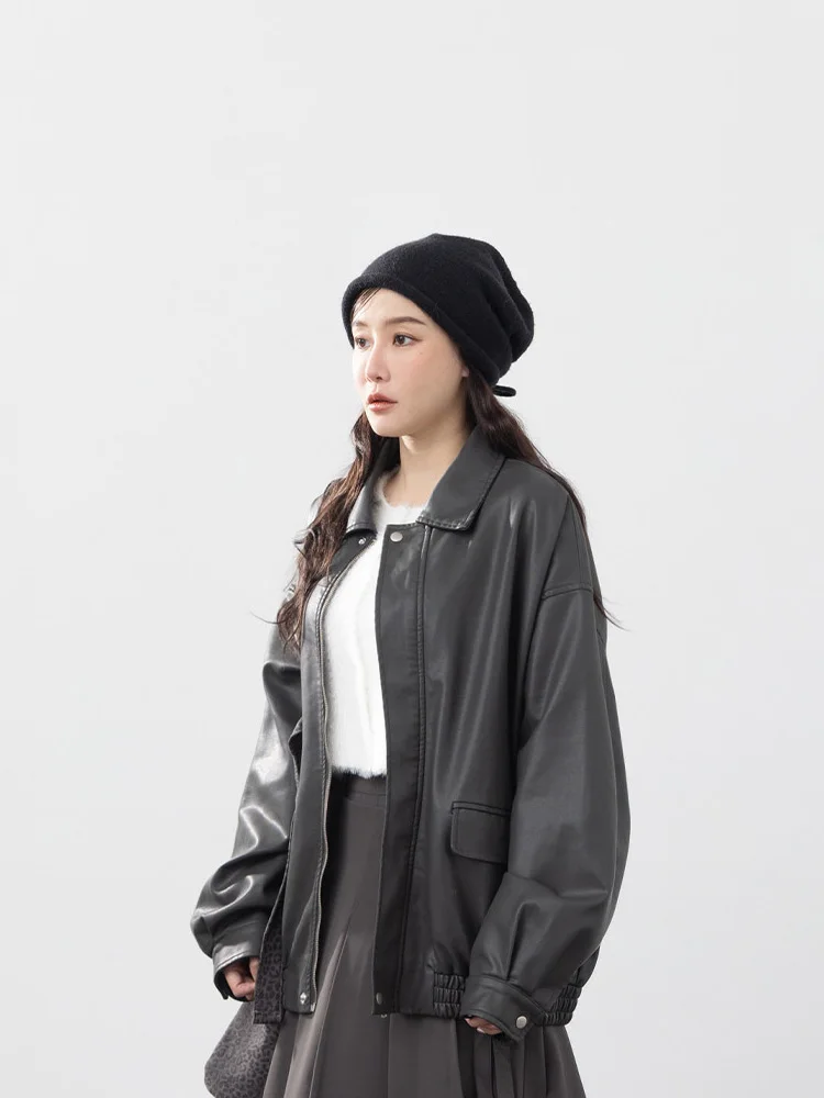 Queenop Herfst Winter Nieuwe collectie Damesmode Mat leer Jaet Loose Fit Bovenkleding Casual Sle Lange Sve Rits