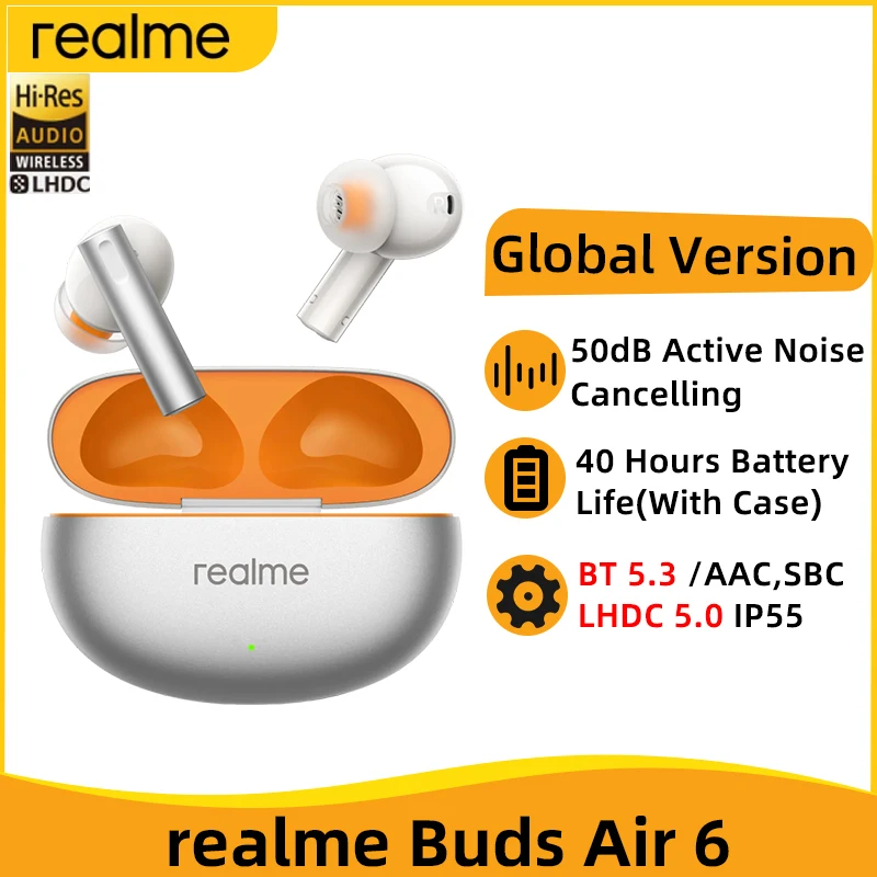 Global Version realme buds Air 6 TWS Earphone 50dB Active Noise Cancelling Wireless Headphone Bluetooth 5.3 IP55 40 Hour Battery