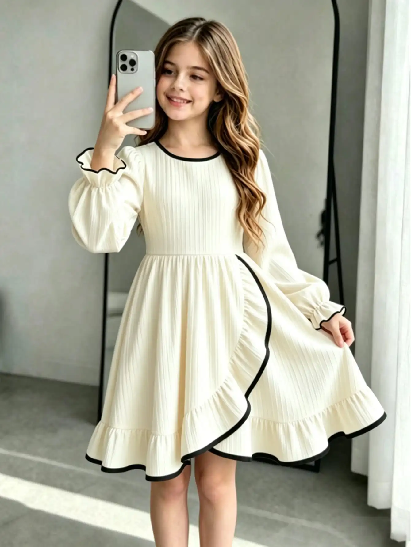 Mädchenkleid mit Rundhalsausschnitt, langen Ärmeln, tailliertem Schnitt, Schleife, gestreiftem Rock und Schlitz, Kinderbekleidung – Detail 2
