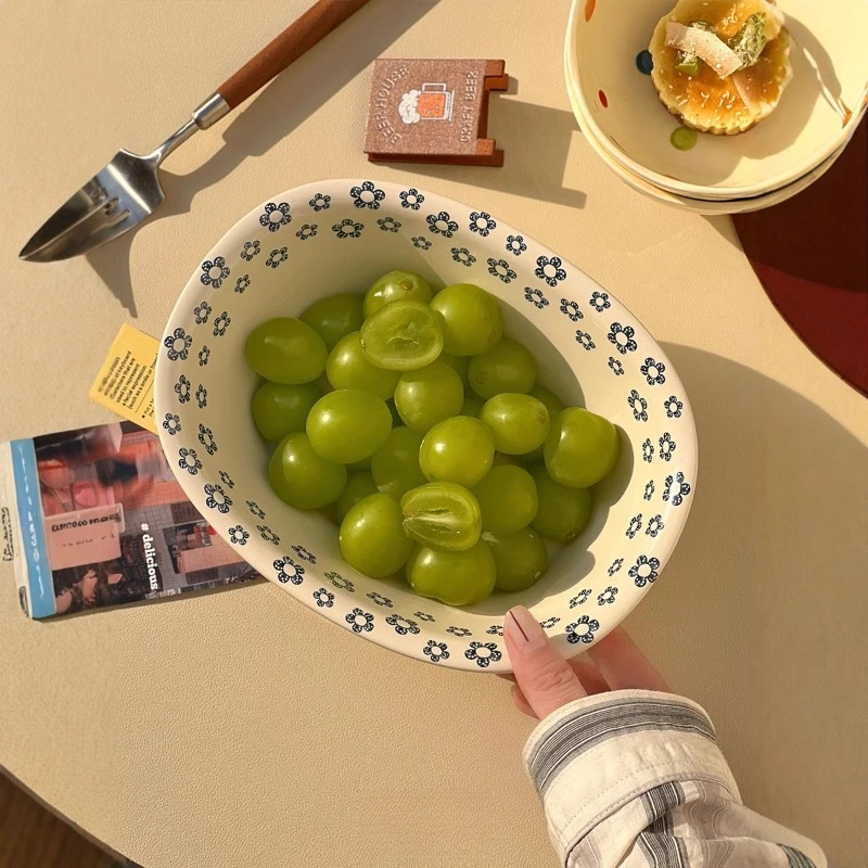 

Retro Style Minimalist Blue Flower Fresh Salad Bowls Home Ceramic Bathtub Bowls Oval Yogurt Bowl High Aesthetic Soup Bowl Plates