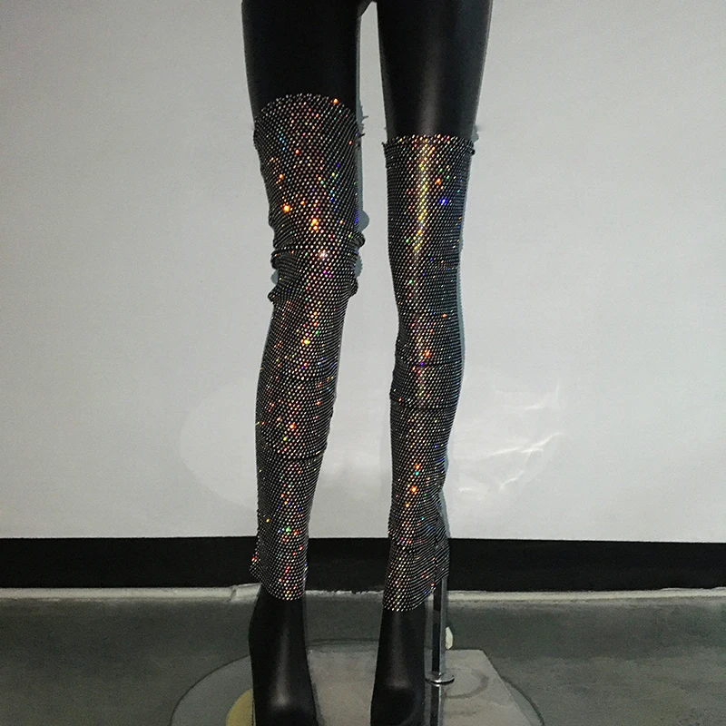 Set di gambe a rete con strass scintillanti per le donne Sexy scava fuori vedere attraverso scaldamuscoli in rete calzini lunghi Y2K Party Club