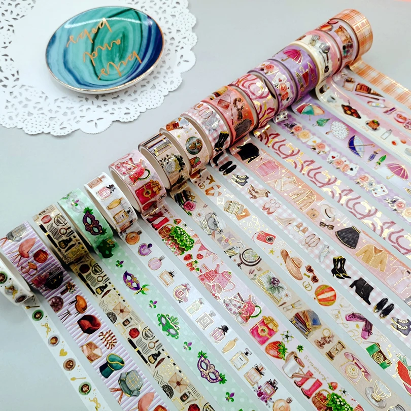 16Pcs Household Items Washi Tapes Scrapbooking Supplies Washitape Gold Foil Decorative Adhesive Tape Stationery Masking Tape