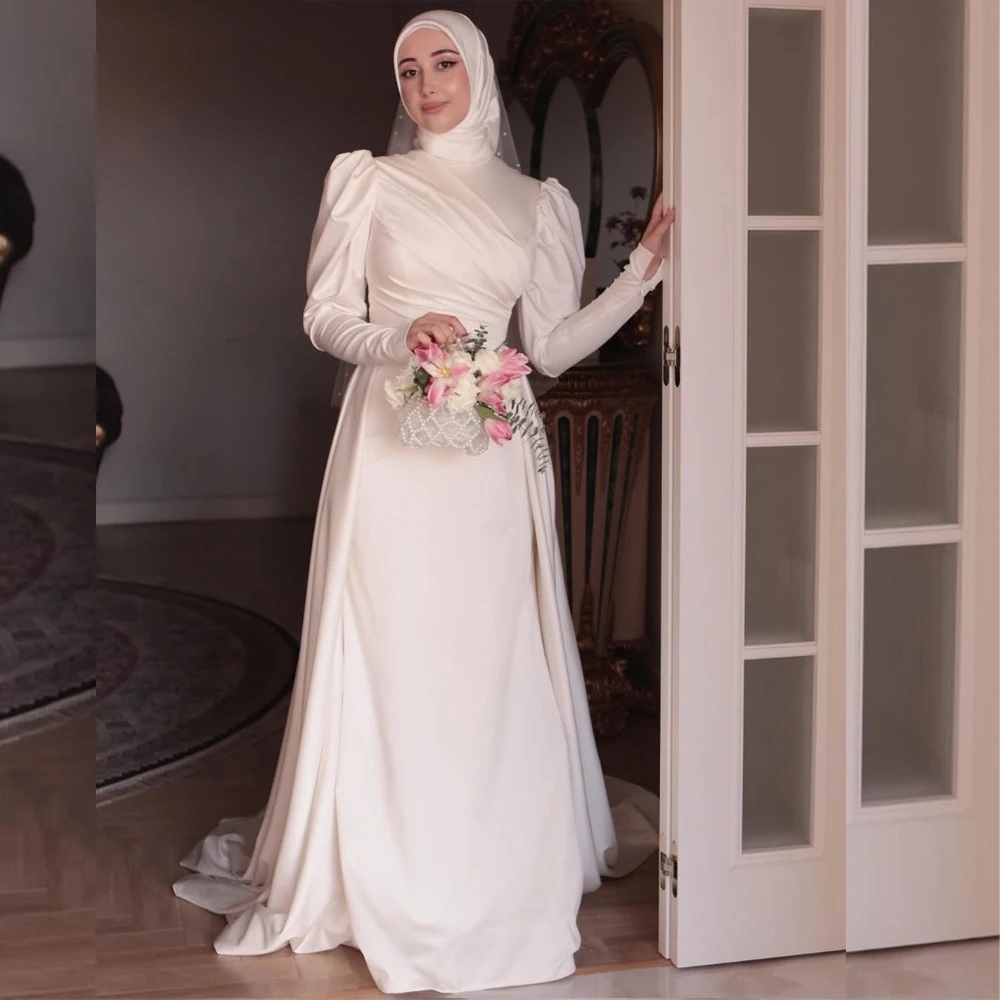 

Muslim Wedding Dresses With Hijab For Bride High Neck Long Puff Sleeve Mermaid Sweep Train Pleat Simple Customize Bridal Gowns