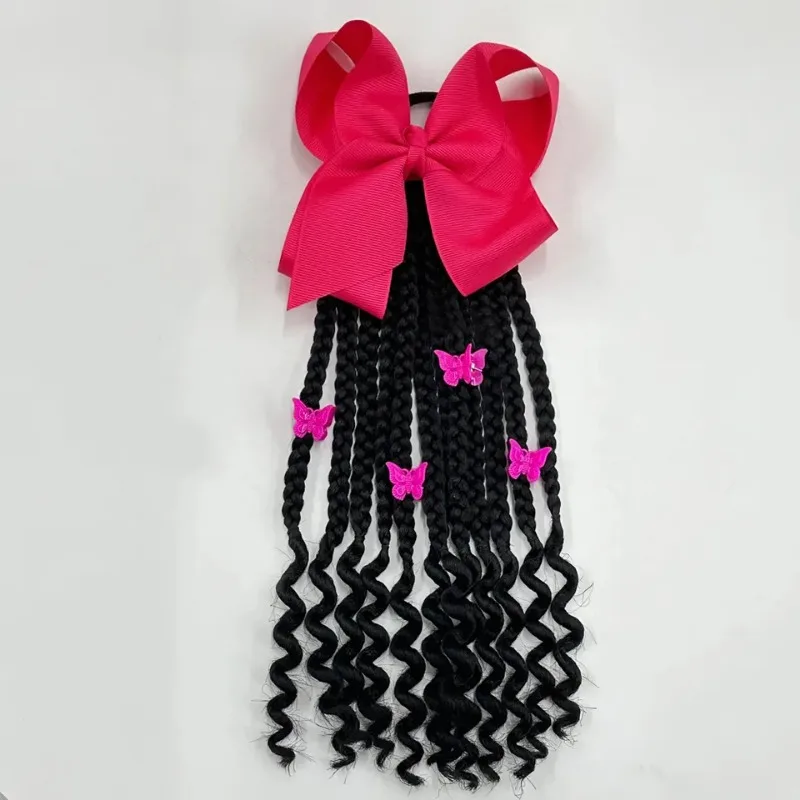 Trançado rabo de cavalo com miçangas e arco para crianças, extensão do cabelo, encaracolado final, menina negra, acessórios para o cabelo