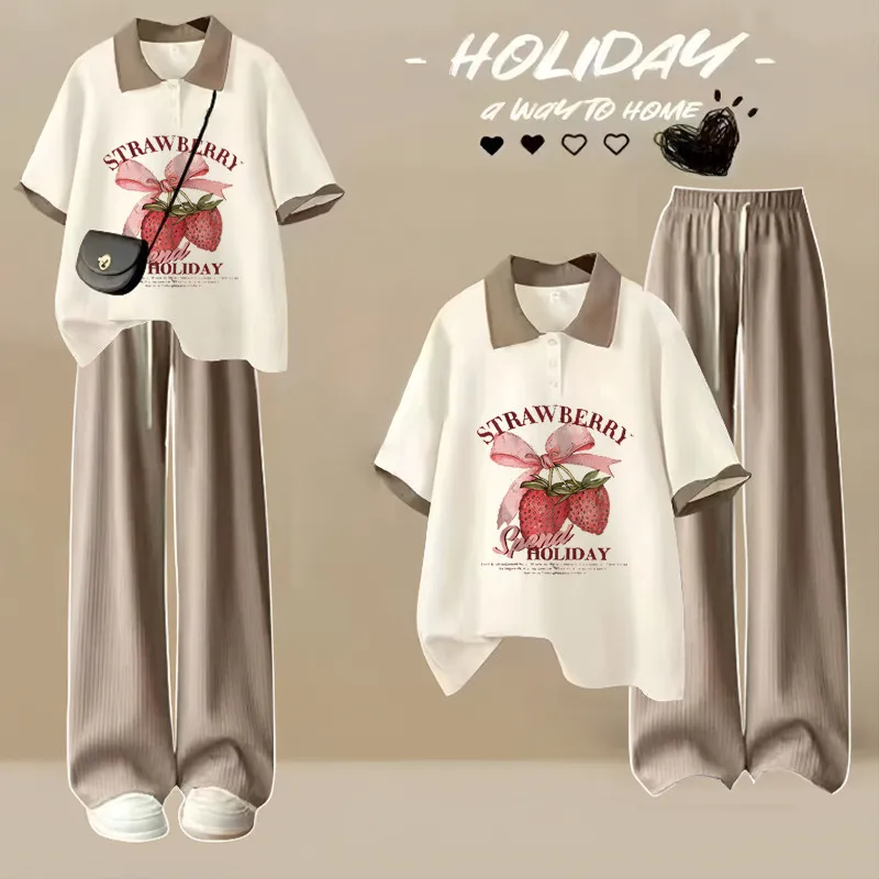 เสื้อยืดแขนสั้นโปโลญี่ปุ่นฤดูร้อน - พิมพ์การ์ตูนน่ารักเรียบง่ายหลวมพอดีขนาดใหญ่