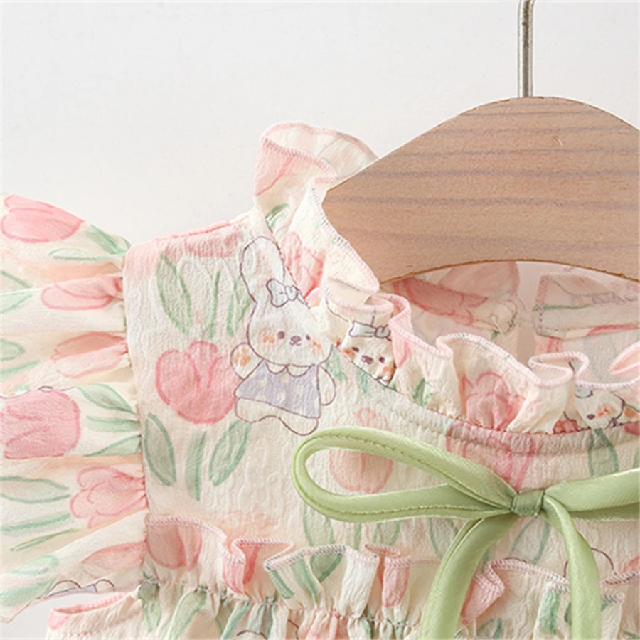 Summer Cotton Toddler Dress Floral Rabbit Printed Princess Dress Tulip Bow Dress for Baby Girl view 3