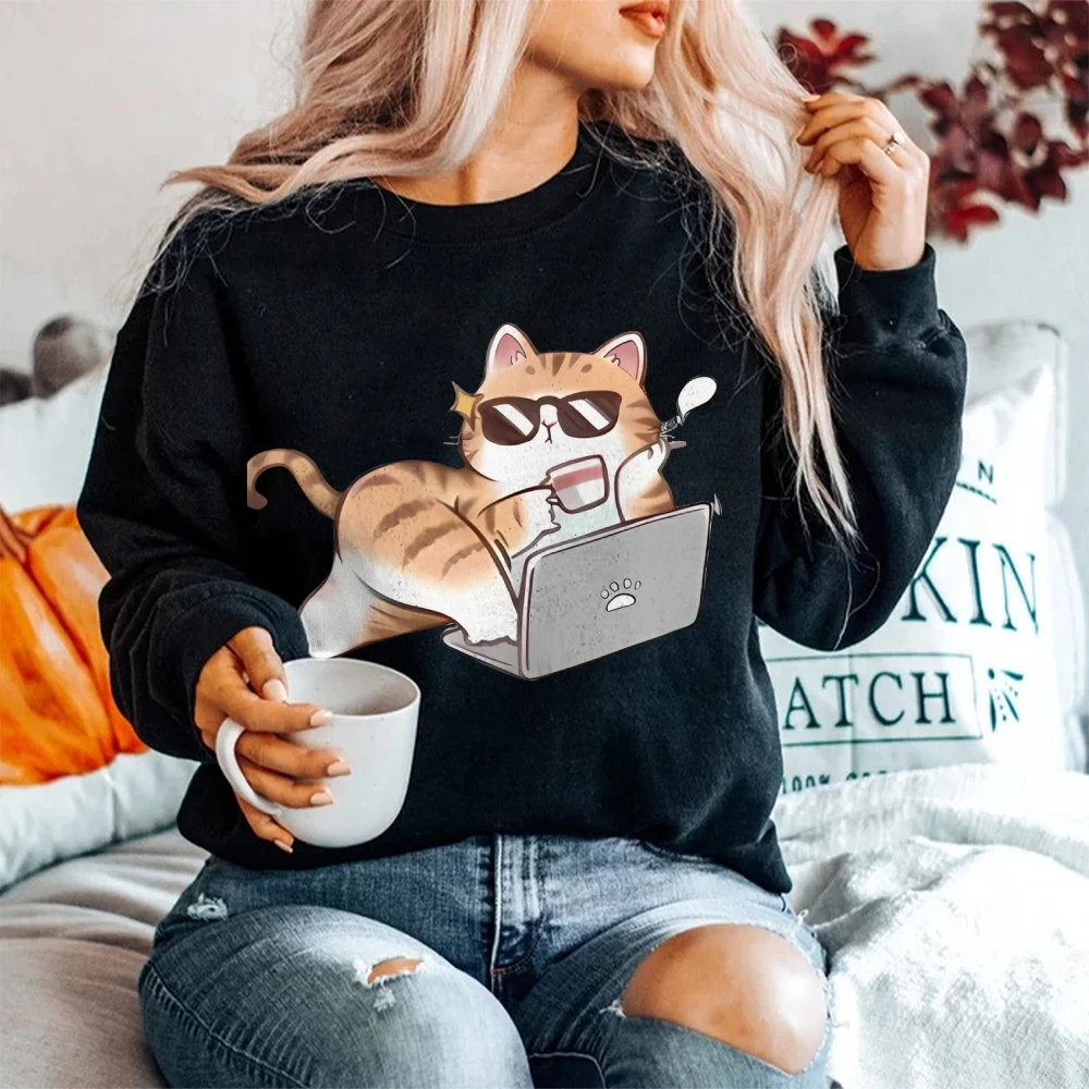 Trabalhando ocupado elegante gato sweatshirts feminino casual crewneck manga longa hoodies solto confortável moda outono feminino topos