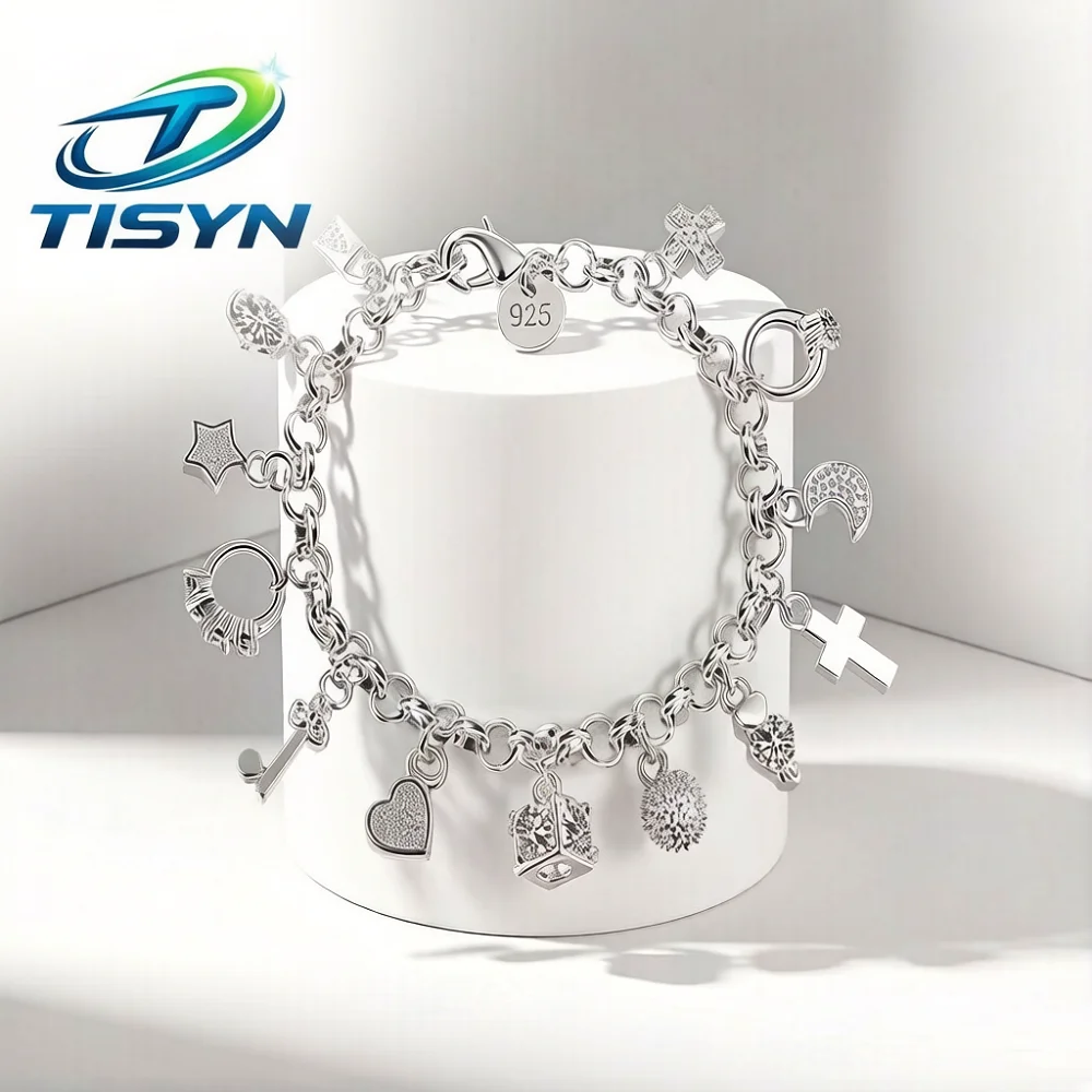 Pulsera con dijes en tono plateado para mujer, 13 colgantes de aleación de zinc, joyería vintage con cruz, corazón, estrella, luna, regalo de la suerte