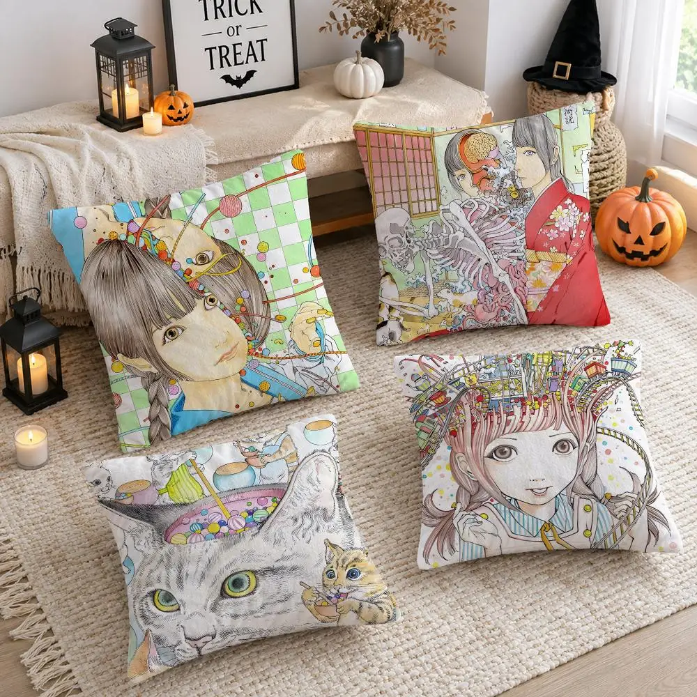 Art Horror Art S-Shintaro Kago Cushion Cover Plush Decorative Pillow Case With Hidden Zipper Cutecore Room Decor For Home