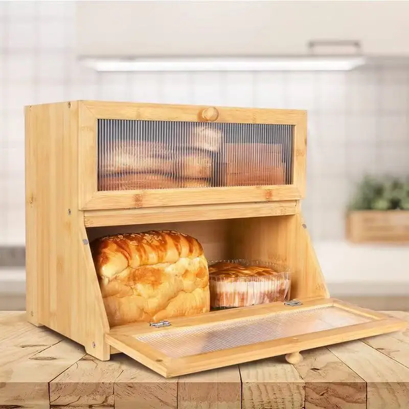 Brotkasten aus Bambus, einfache Reinigung, 40 cm x 25 cm x 33 cm – Schwarz/Weiß/Abflussfarbe. – Detail 1