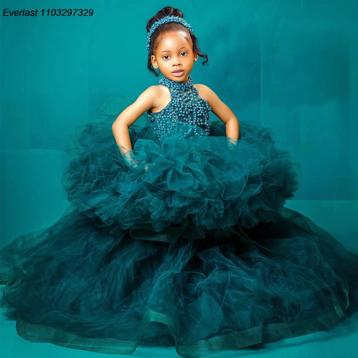 

EVLAS Dark Green Pearls Flower Girl Dress High Neck Tulle Beaded Little Girl Pageant Birthday Christening Party Gowns TFD137