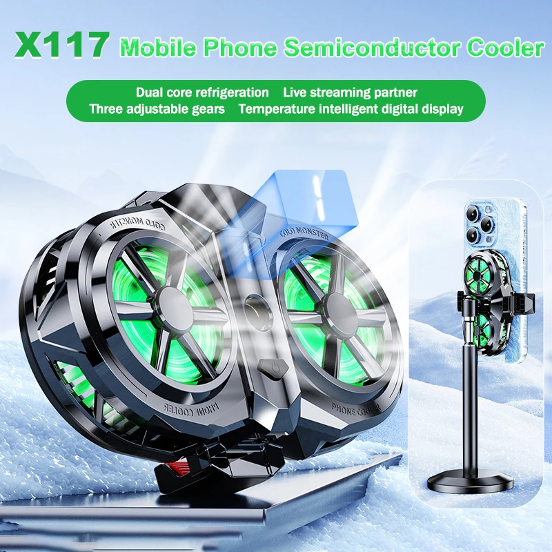 

X117 Digital Display Mobile Phone Cooler Semiconductor Live Streaming Radiator for IOS Android 3 Gears Adjustable Cool Heat Sink