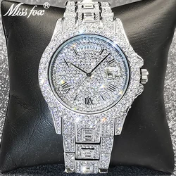 Luxury Shiny Diamond Watch For Men Hip Hop Trendy Iced Out Quartz Watches High Quality Stainless Steel Waterproof Day Date Clock