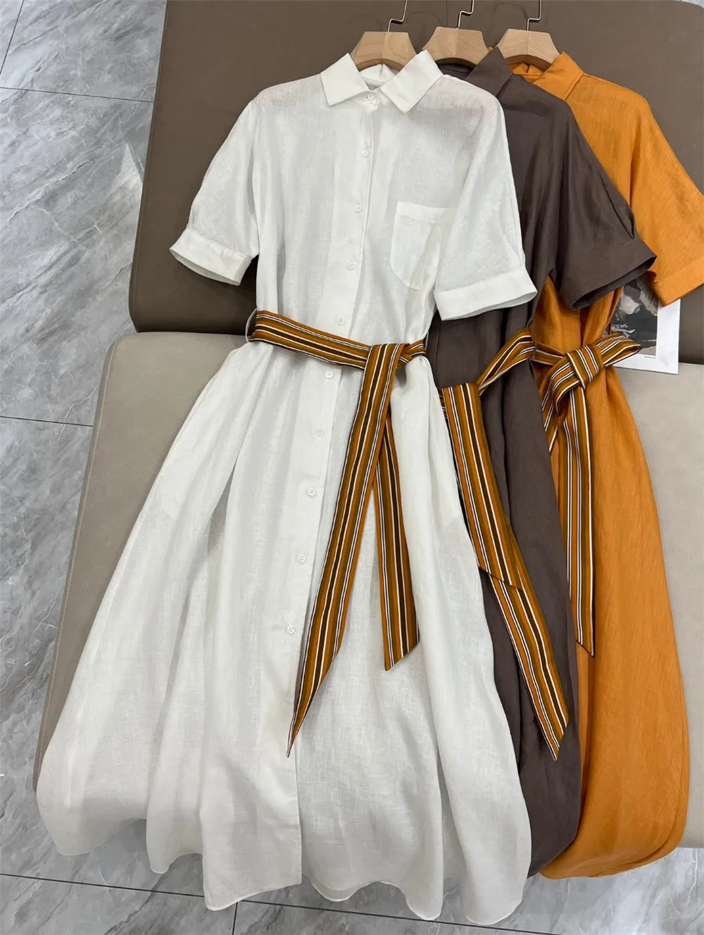 Summer L*P Women's Linen Dress Lapel Belt Shirt-style Mid-length Dresses Slim Temperament Elegant