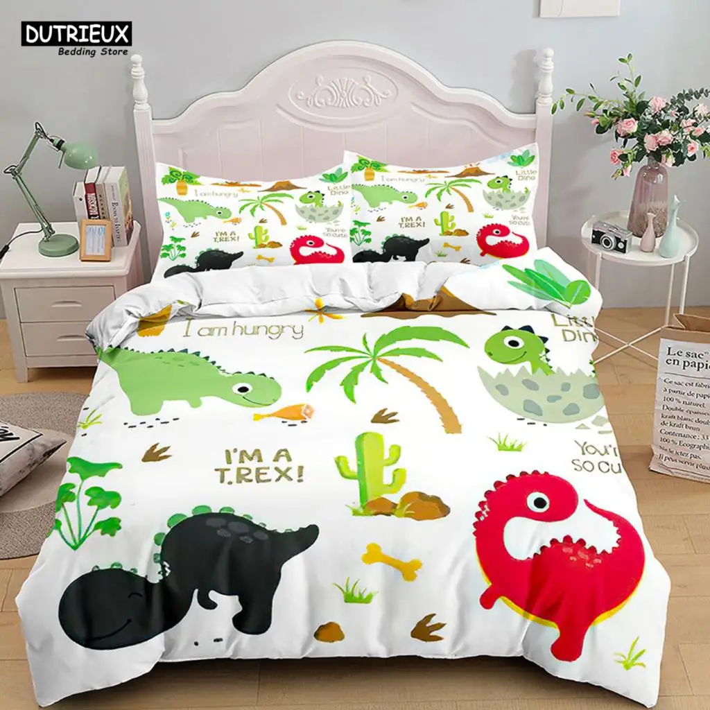 

Cartoon Dinosaur Bedding Set White Soft Polyester Bed Linen Animals Kids Boys Single Double Twin Queen King Size Duvet Cover Set