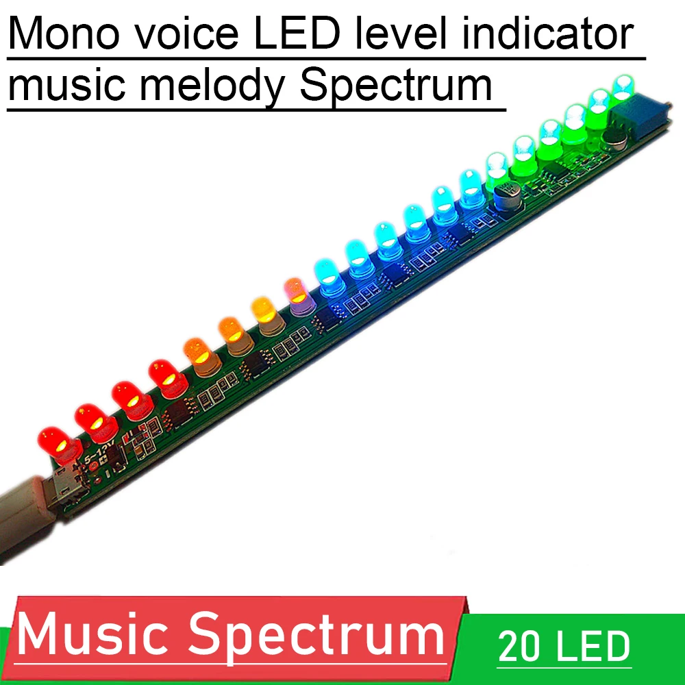 Mono voice LED wskaźnik poziomu muzyka melodia światło audio vu miernik regulowana czułość 20LED dla 5V 12V USB wzmacniacz mocy