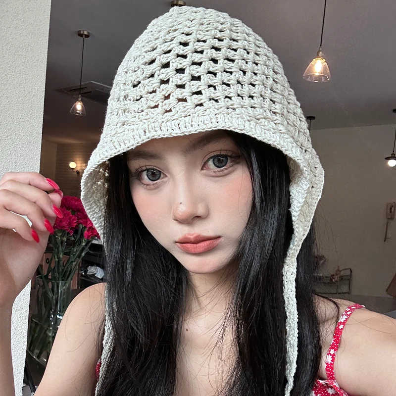 Korean Sweet Handmade Hollowed-out Knitted Headscarf Hats for Women Summer Seaside Travel Thin Photo Versatile Beanies Cap