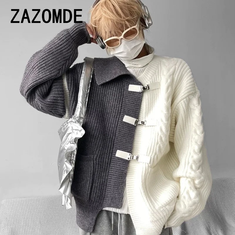 ZAZOMDE Fashion Knitted Top Long Sleeve Sweaters Loose Splicing Design Cardigan Metal Button Knitted Coats Trendy Male Knitwears