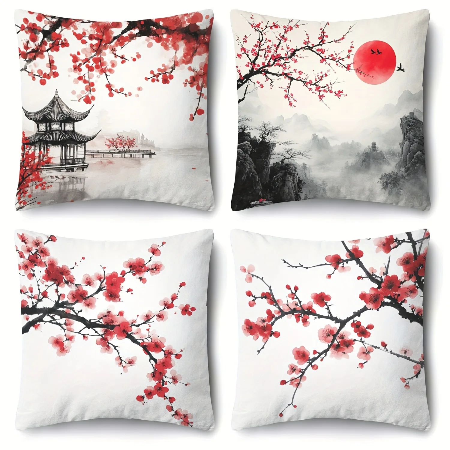 Red Plum Blossom Patterned Pillowcase ,Sofa Bedroom Cushion Cover, Single-sided Printing, Without Pillow Core