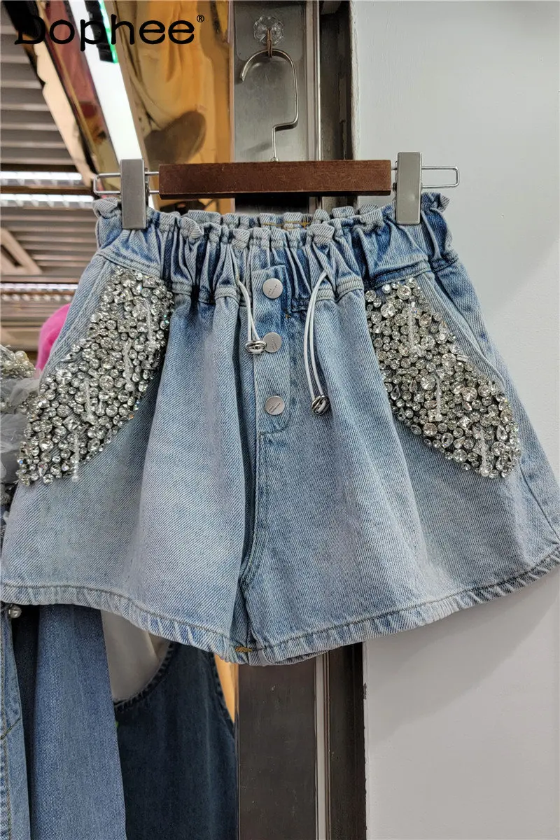 

2023 Spring Summer New Exquisite Rhinestone Beaded Wide-Leg Denim Shorts Women's Elastic High Waist Slimming Loose Casual Shorts