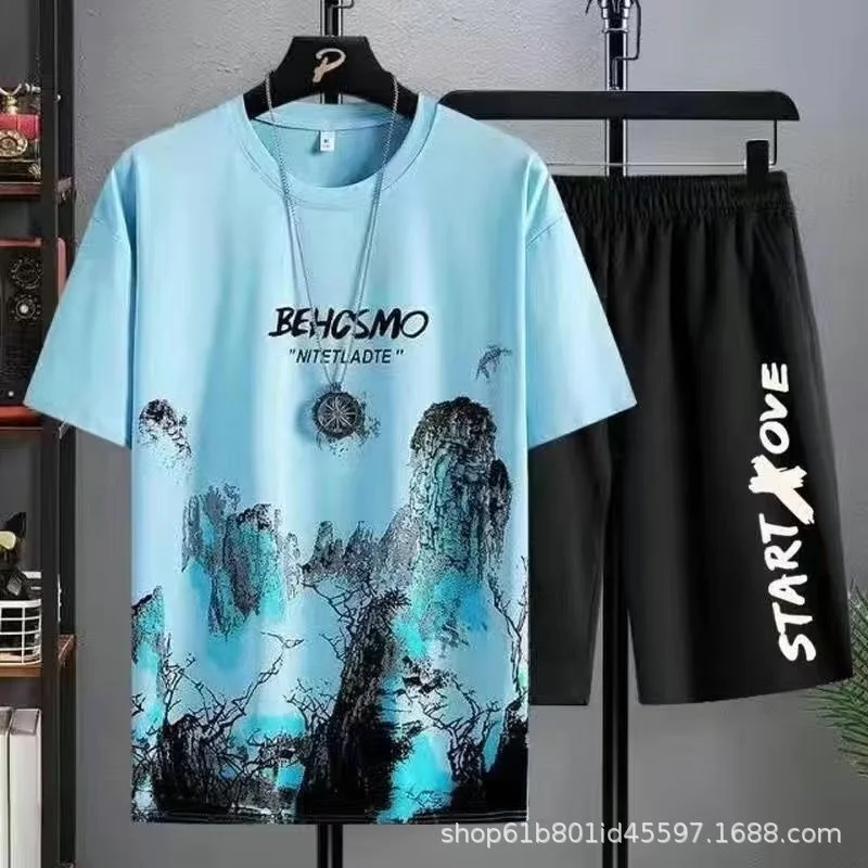 Youth Summer Casual Set Men\'s Thin Quick Drying Ice Silk Short Sleeved T-shirt Home Clothing Sports Shorts Two Piece Set