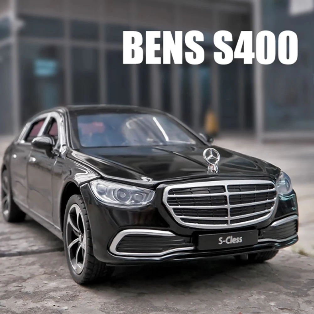 

1:24 Benz S400L, литые под давлением автомобильные игрушки из сплава, миниатюрные модели транспортных средств, 6 дверей, открытые резиновые шины, звук, свет, откатные игрушки, детский подарок