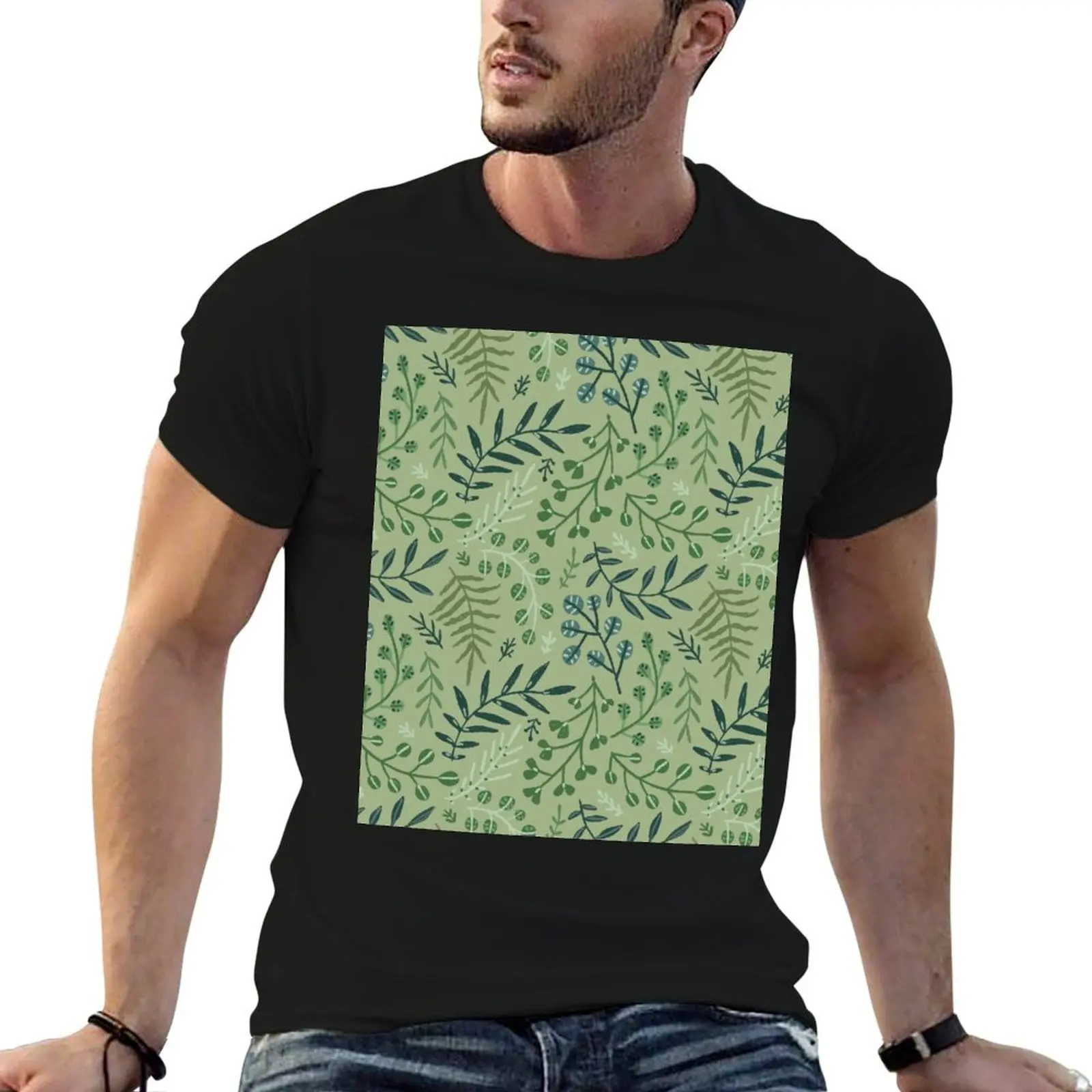 green leaves. leaf. nature. wild floral flowers T-Shirt Simple Solid Color Crew Neck Tee