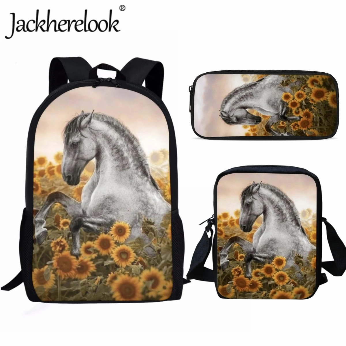 

Jackherelook Sunflower Horse Print Children School Bags Fashion Casual Bookbags Set College Laptop Bag Boys Girl Travel Backpack