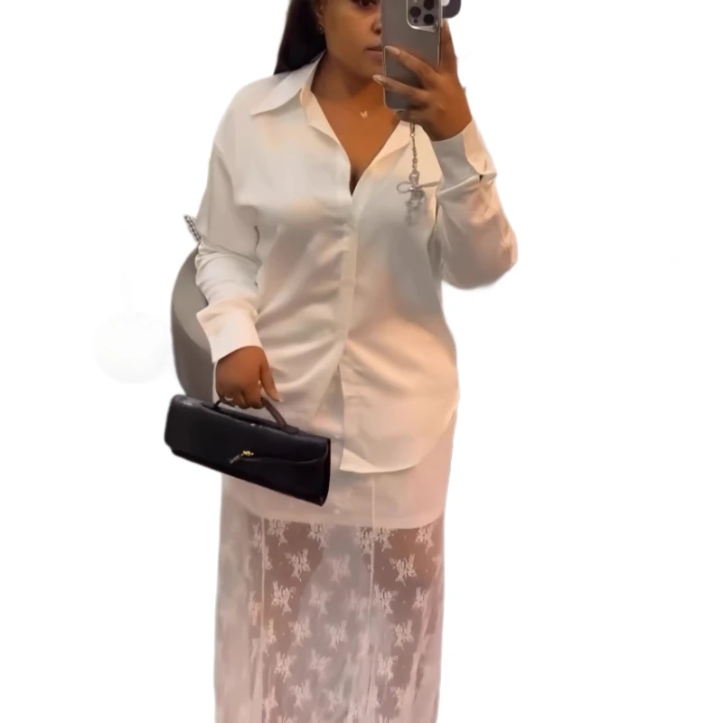 Women Two Piece Sets Skirt Set Full Sleeve Shirt Long Skirts Lace Mesh Backless A Line High Waist Y2k Streetwear Elegant Work image 5