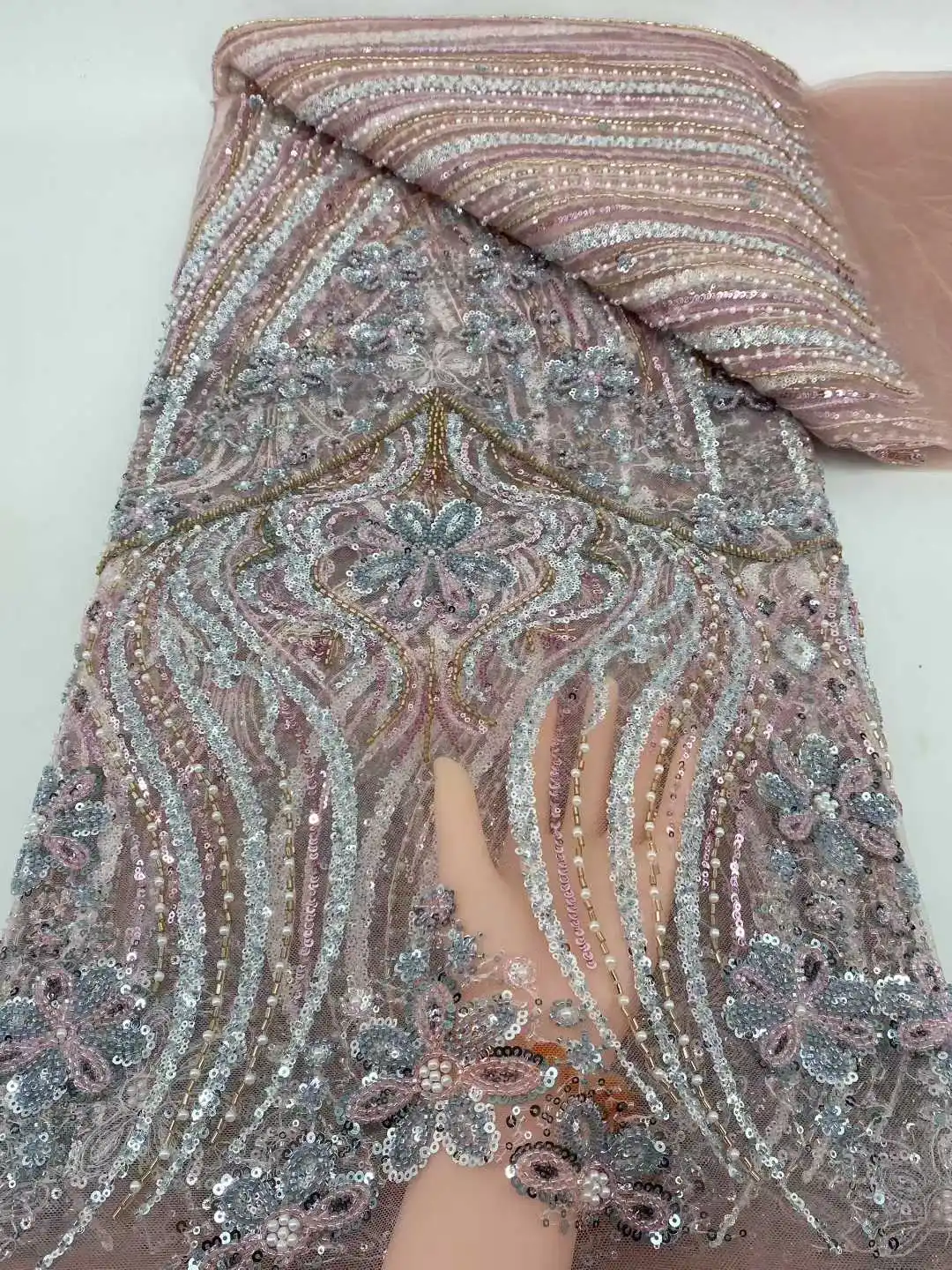 Tessuto africano del pizzo in rilievo 2025 Tessuto di pizzo francese con paillettes di alta qualità Matrimonio Tessuti di pizzo netto nigeriano 5 metri Abiti da cucire