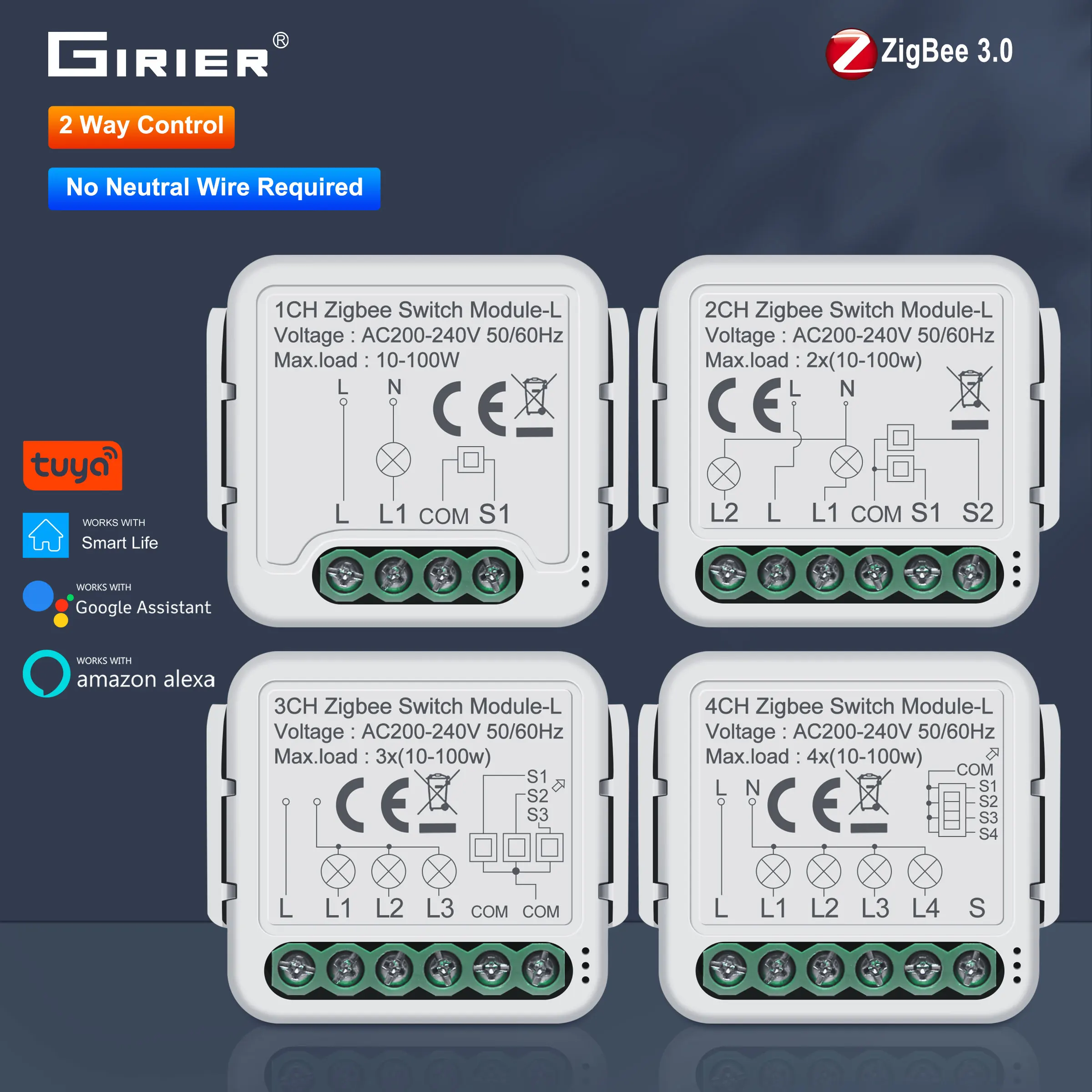 GIRIER Tuya ZigBee 3.0 Inteligentny moduł włącznika światła Nie wymaga przewodu neutralnego Współpracuje z Alexa Google Home Obsługa sterowania 2-drożnego