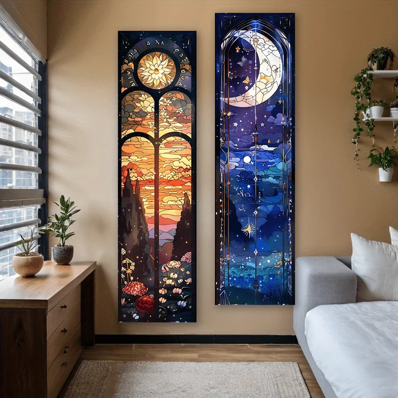 Tapestry Wall Decor Large Wall Tapestry Night sky butterfly moon vertical tapestry, garden strip texture wall pendant, blue and