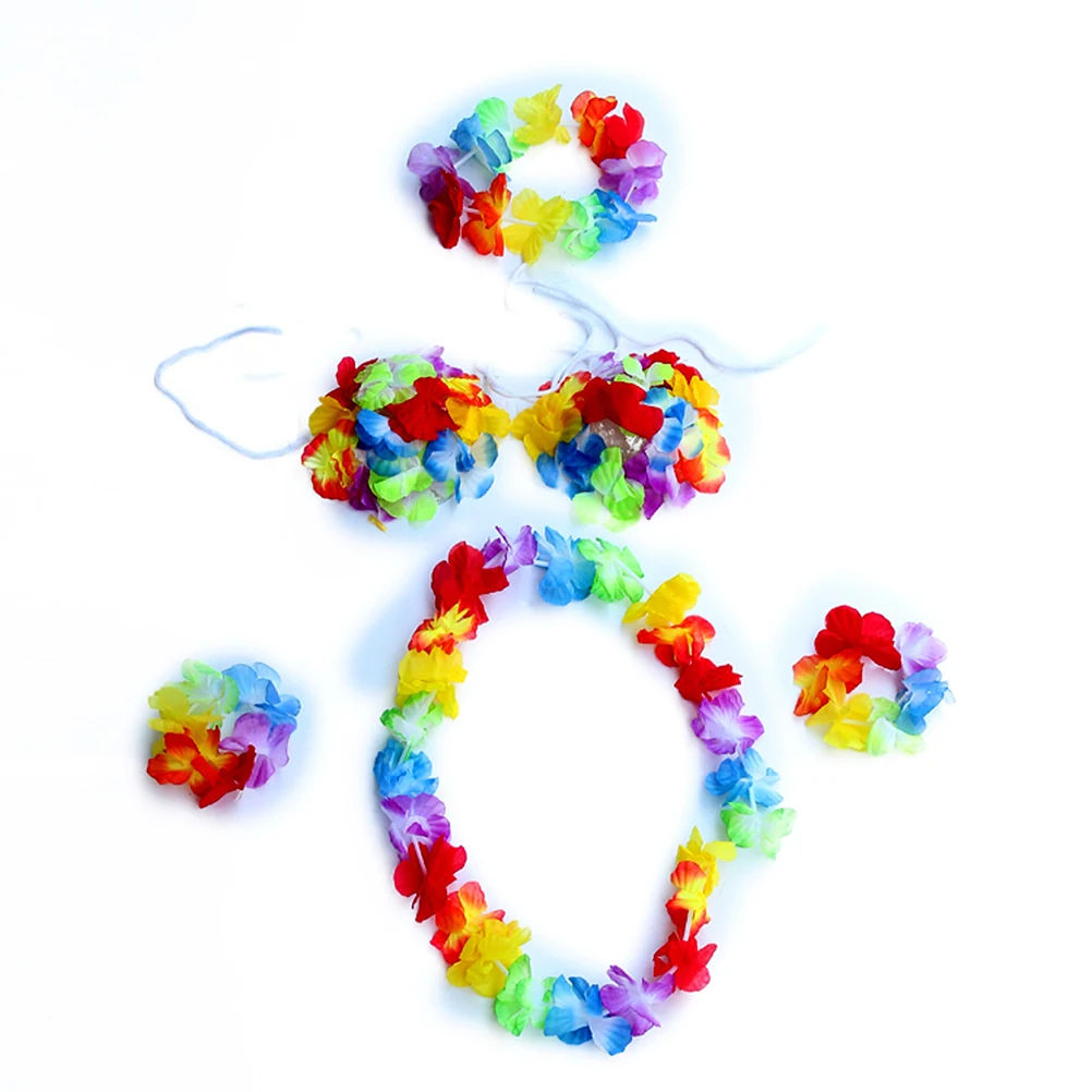 

40Cm Hawaii Tropical Hula Grass Skirt Set Bra Flower Bracelets Headband Necklace Adjustable Elastic Nondeformable Plastic Decor