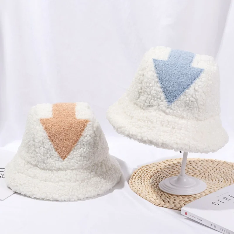 

Women Appa Bucket Hat Lamb Wool Hat Winter Warm Fishing Caps Faux Fur Arrow Symbol Printed Bucket Hat for Men Tide Flat Top Hats