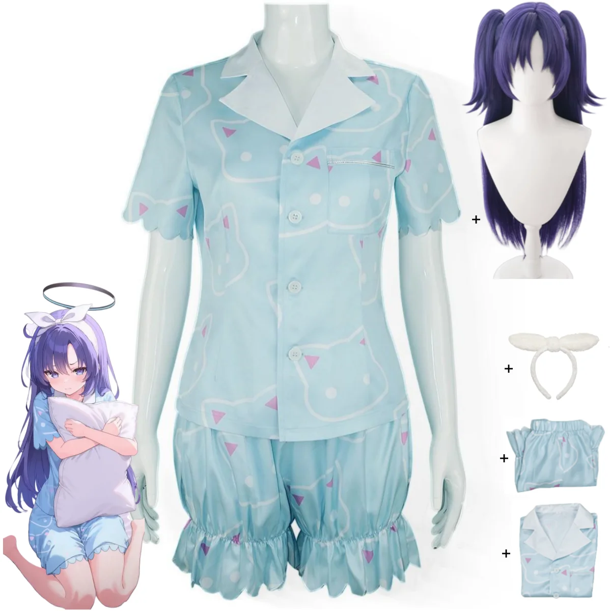 Game Blue Archive Hayase Yuuka Cosplay Costume Millennium Science Academy Blue Pajamas Shorts Wig Woman Sexy Cute Daily Suit