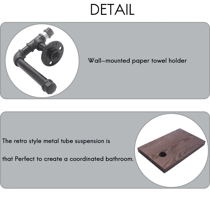 Portarotolo per carta igienica multifunzione in stile retrò con tubo di ferro per montaggio a parete, porta asciugamani di carta con ripiano in legno, bagno retrò