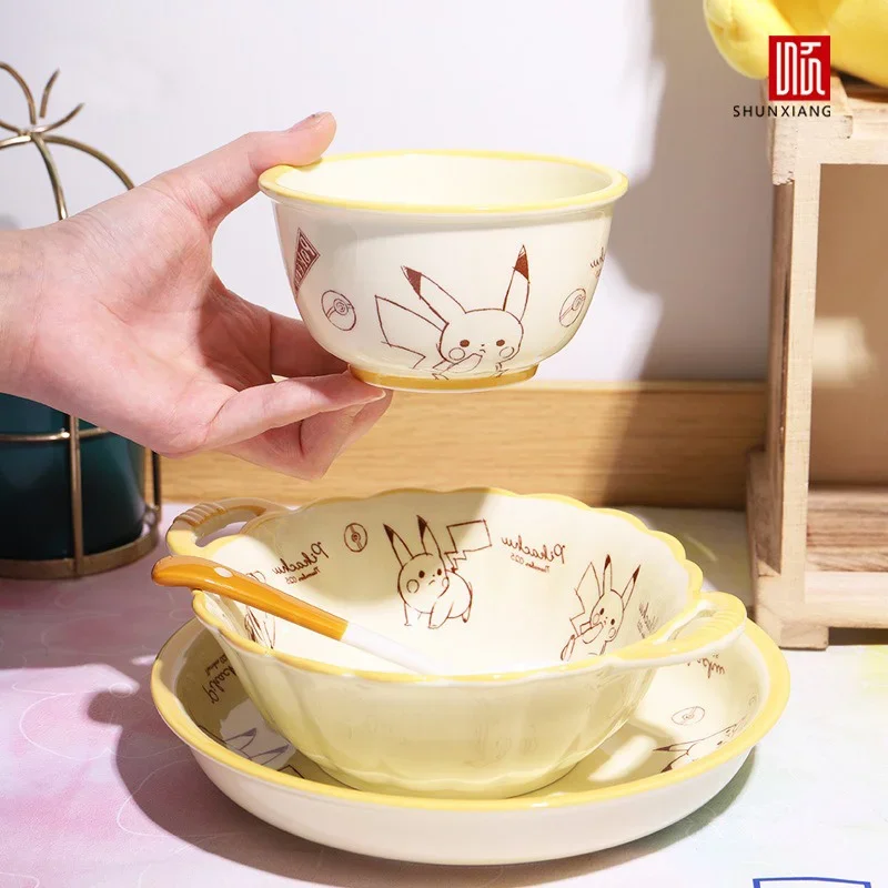 SHUNXIANG Pokémon Cartoon Ceramic Tableware Sets Cute Double Ear Plate Home Pikachu Pattern Dinnerware Sets Microwave Ovens Safe