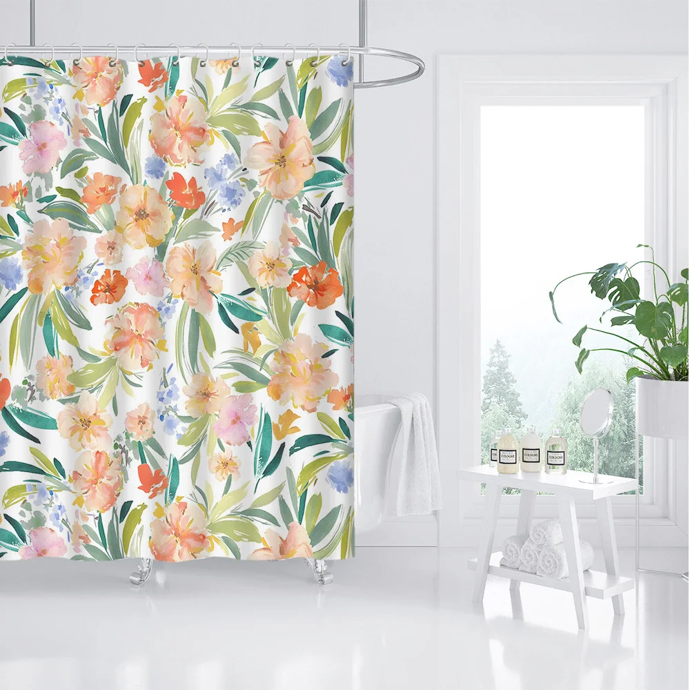 

Floral Watercolor Shower Curtain - Hand-Painted Leaf, Polyester, Nordic Style, Artistic Flower Design, Modern Bath Decor