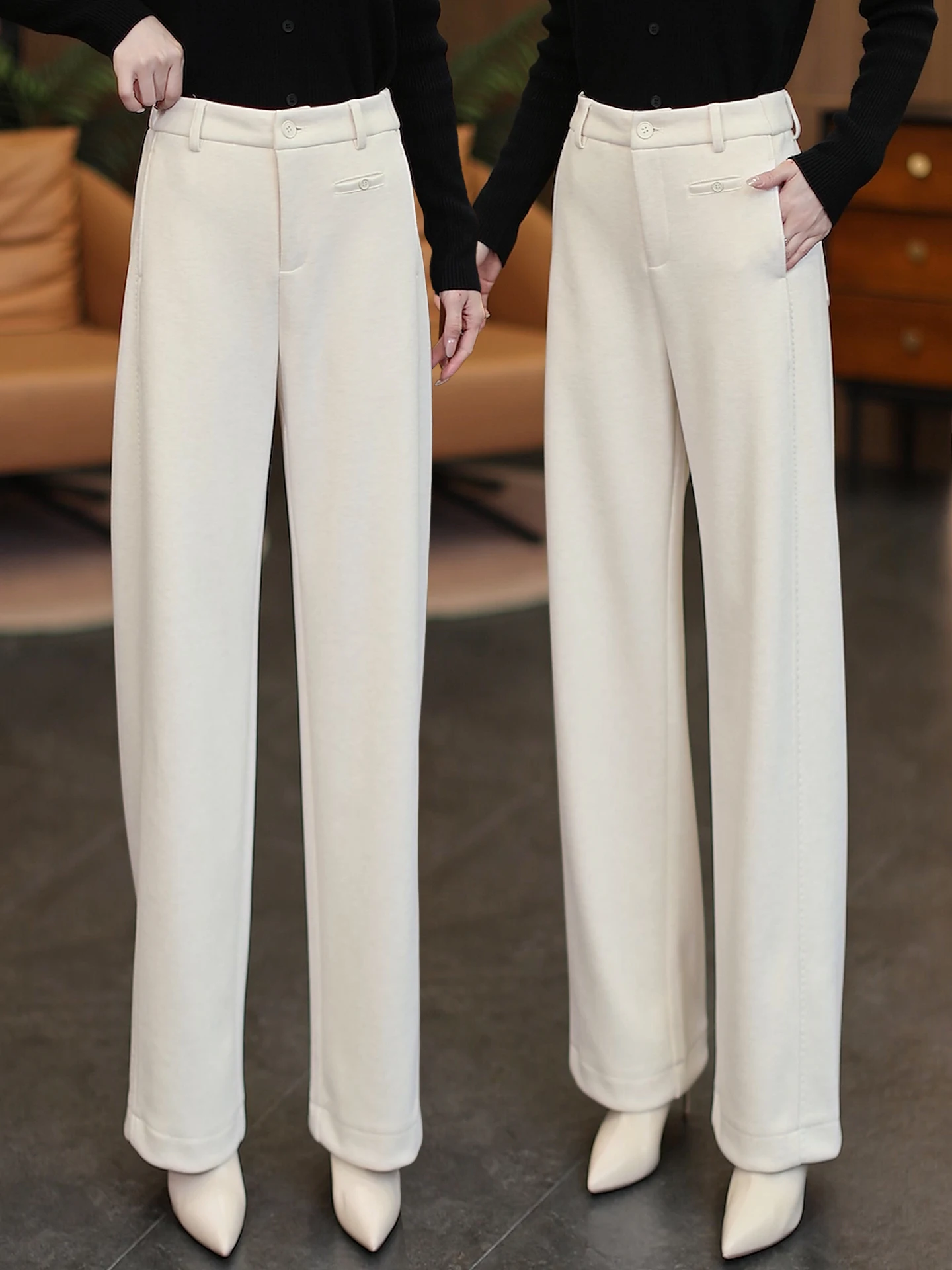 

High Waist Drapey Casual Pants Women Autumn Winter Thickened Woolen Wide Leg Pants Straight Cut Suit Pants Comfortable Leisur...