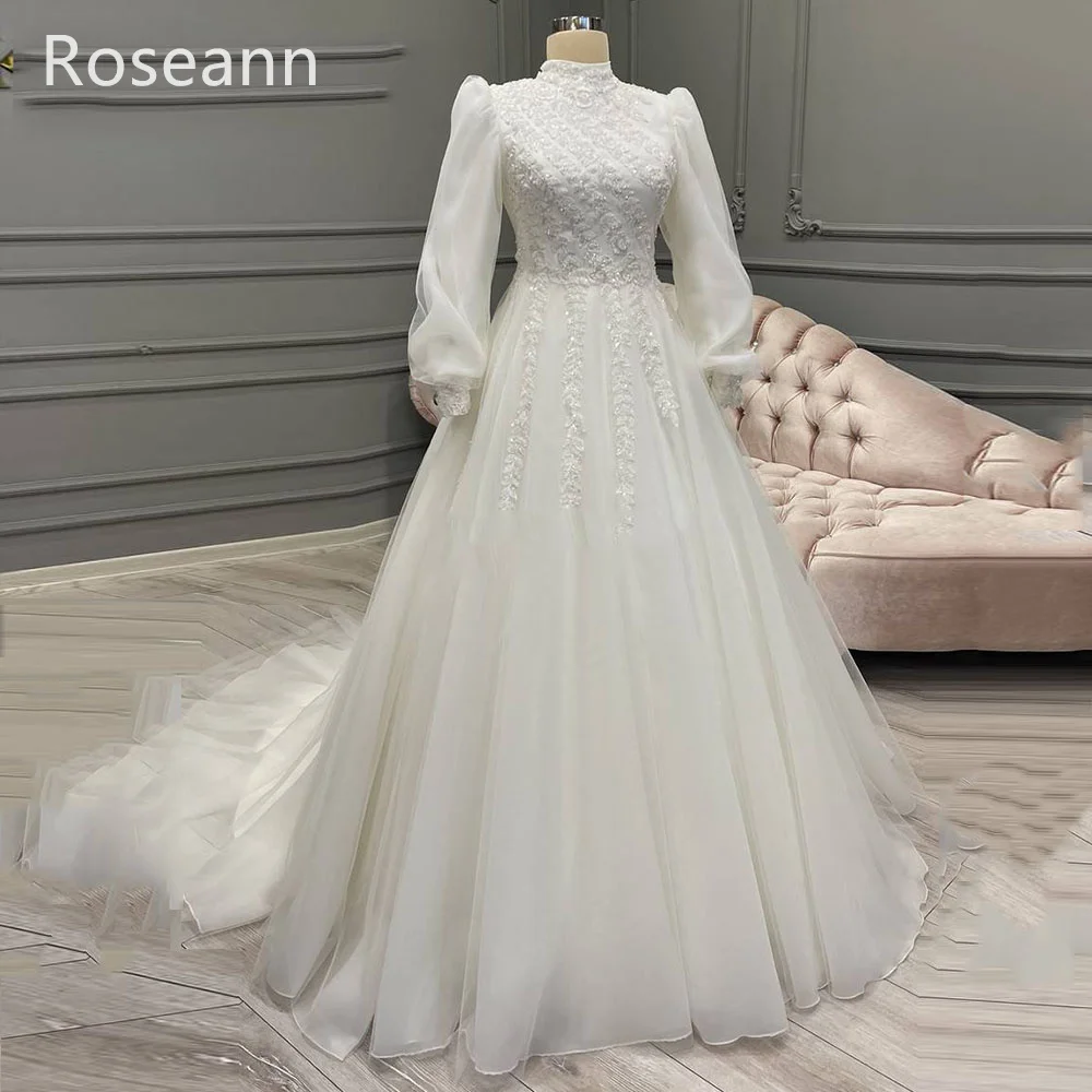 

Muslim Retro Ivory A-line Wedding Dresses Tulle Applique Brush Train High Collar Full Bride Dresses Floor Length robe de mariée