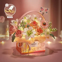Creative Pink Rose Basket Bouquet Building Blocks for Girls Assembled Preserved Fresh Flower Teacher's Day Gift