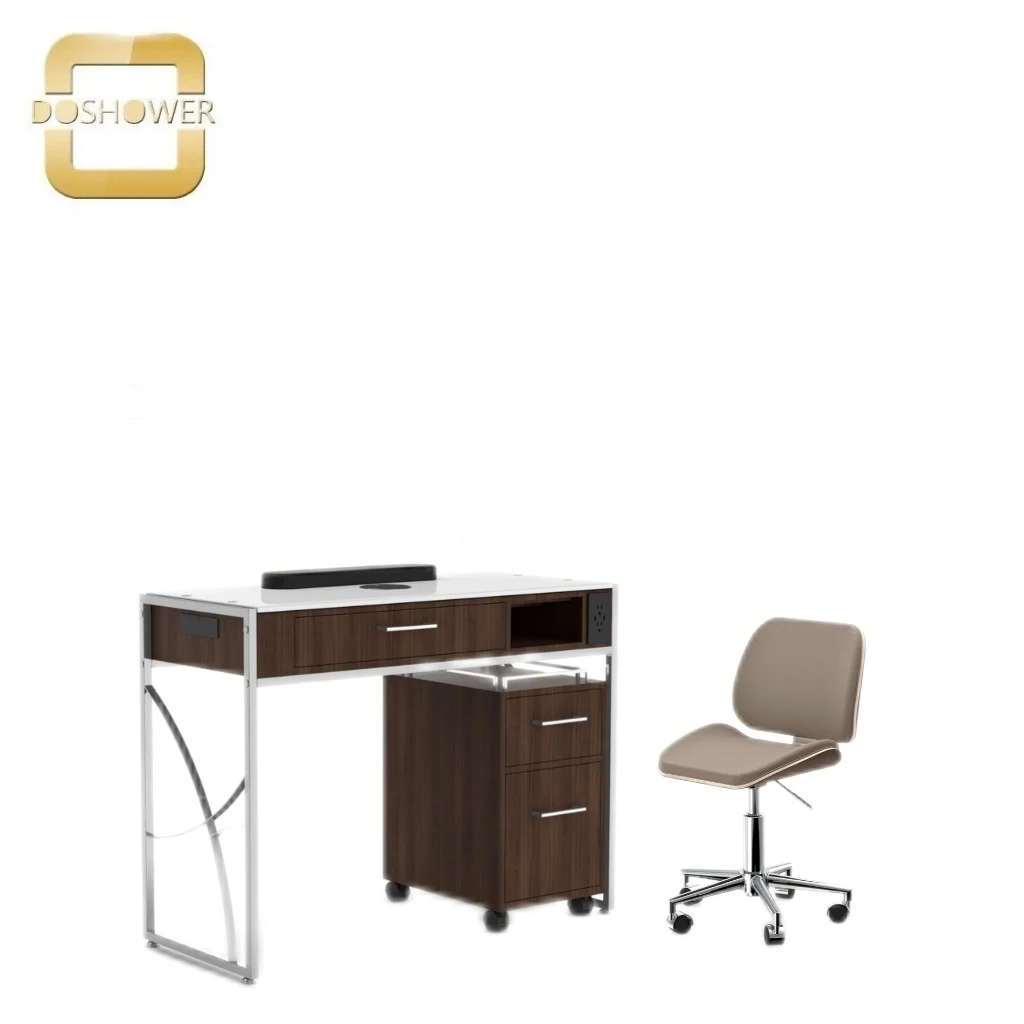 Manicure Table with Solid Wood Double Drawer, Nail Tech Station, Vented Nail Desk with PU Leather, Portable Spa Salon Furniture