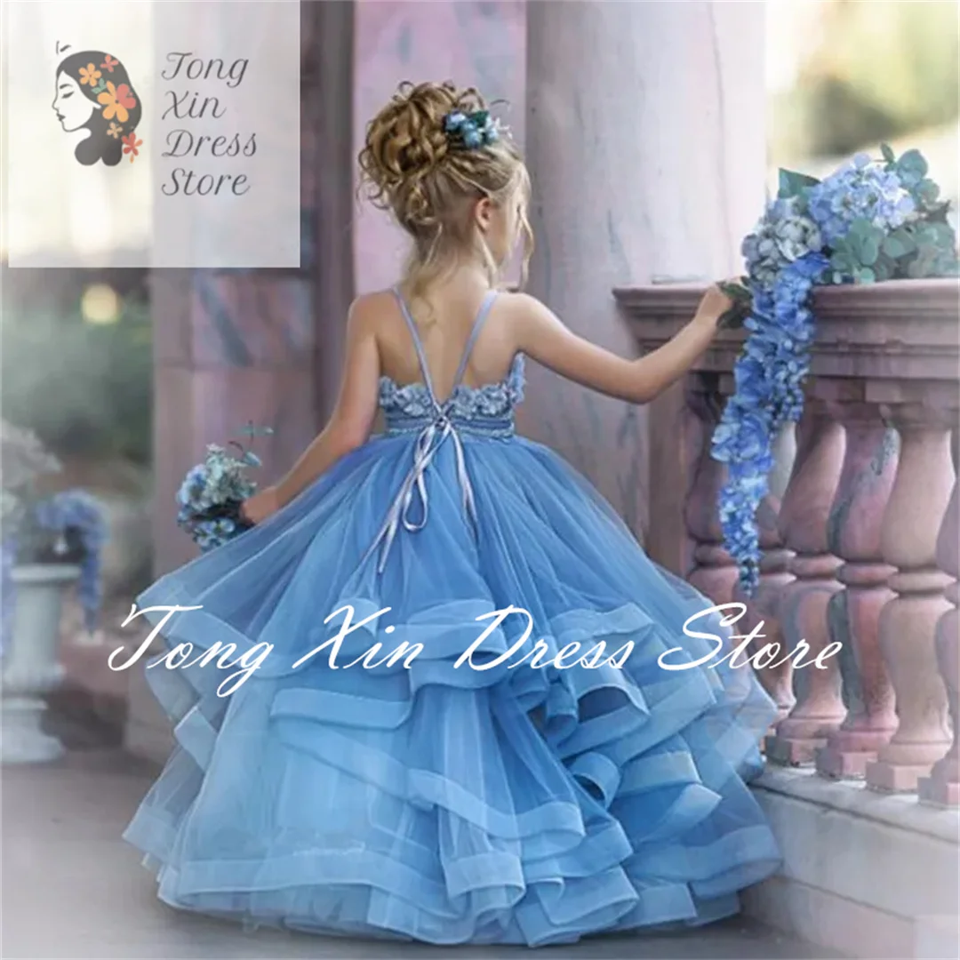 Flower Girl Dresses Dusty Blue For Wedding Lace Floral Appliques Tiered Skirts Girls Pageant Dress Kids Birthday Gown