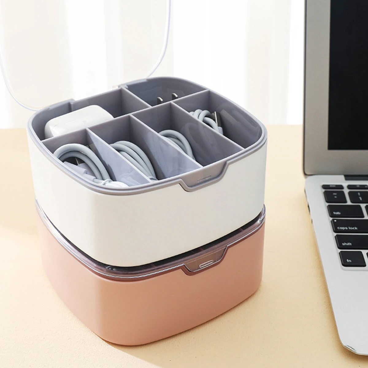 1pc-Data cable storage box, dust-proof split charging cable storage and management box, plastic desktop phone charging cable sor