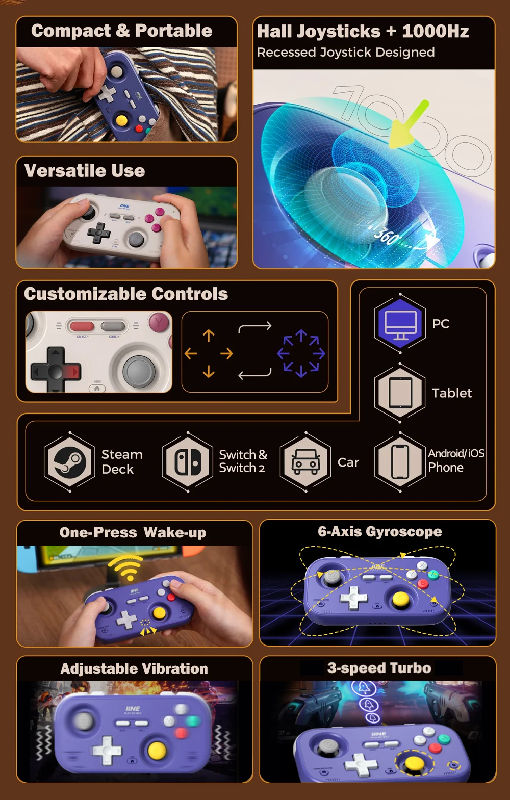 IINE Pocket Gamepad for Nintendo Switch 2/1 Steam Deck Phone Car Portable Retro Controller Hall Effect Joystick NS Version