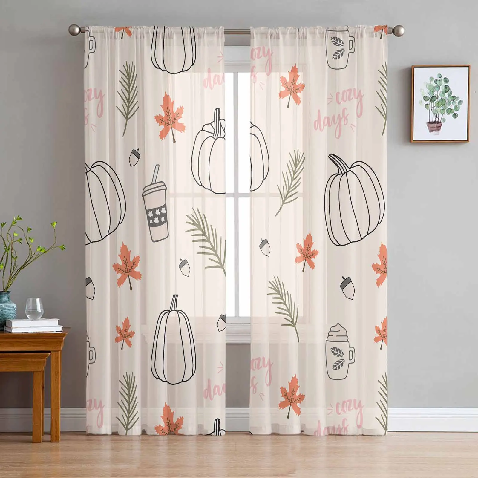 

Thanksgiving Autumn Line Pumpkin Coffee Tulle Curtains for Living Room Bedroom Sheer Voile Curtain Home Decor Kitchen Curtain