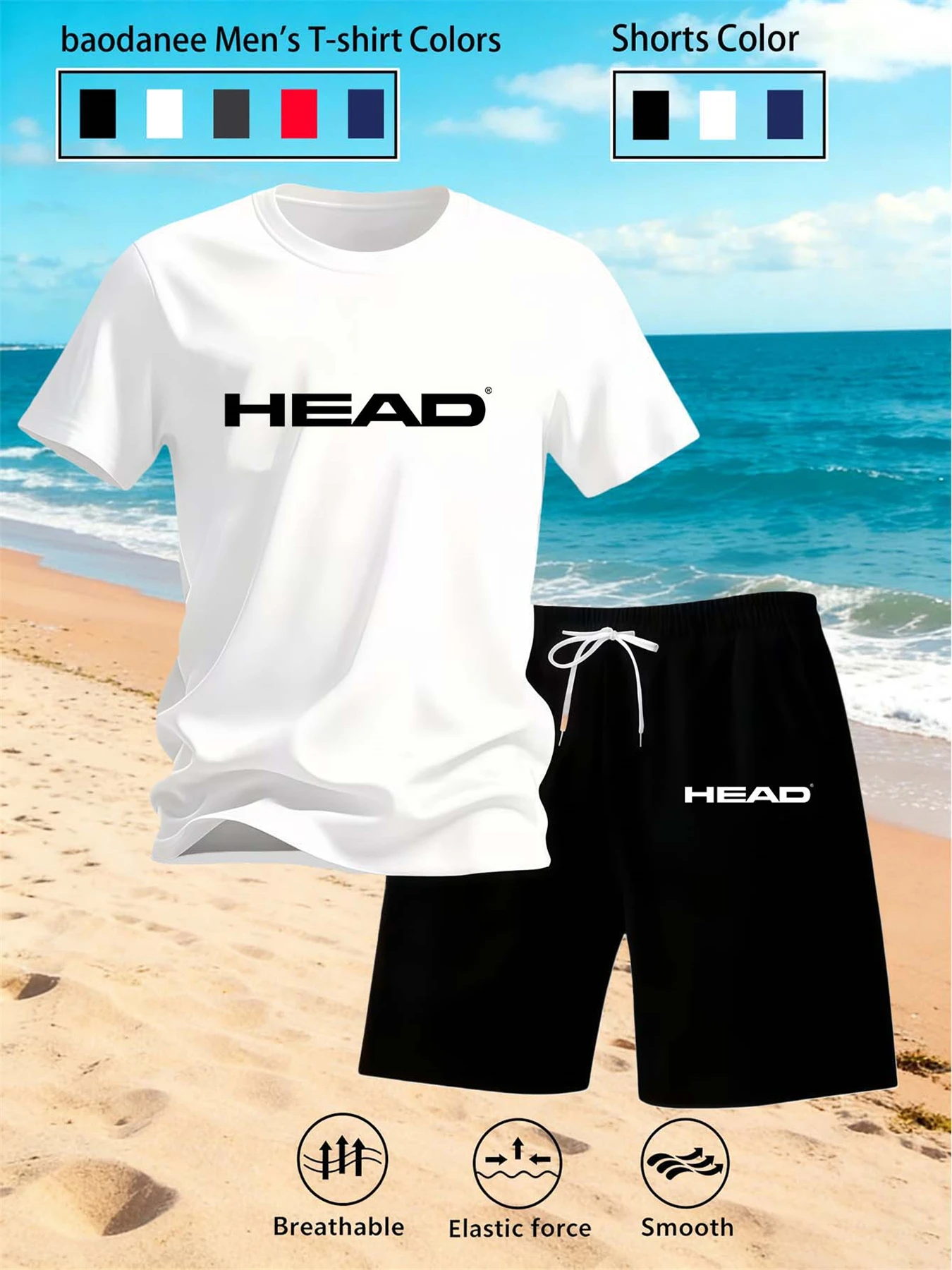 HEAD Men's 2 Piece Outfit Casual Short Sleeve T Shirt And Shorts Set Breathable Smooth Sports Suit For Tennis Beach Daily Wear